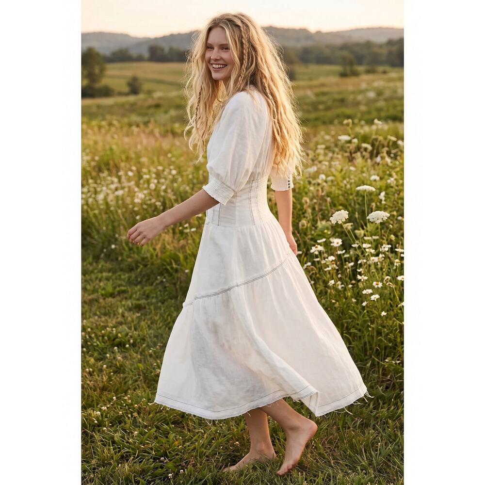 Anthropologie Ethereal Bohemian Linen Corset Midi Shirt Dress White Size Large - Picture 4 of 15